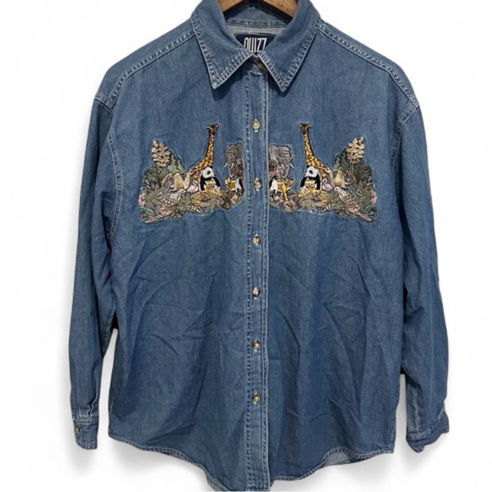 Vintage Quizz Blue Denim Shirt Safari Embroidered Animals Cotton Women’s 18